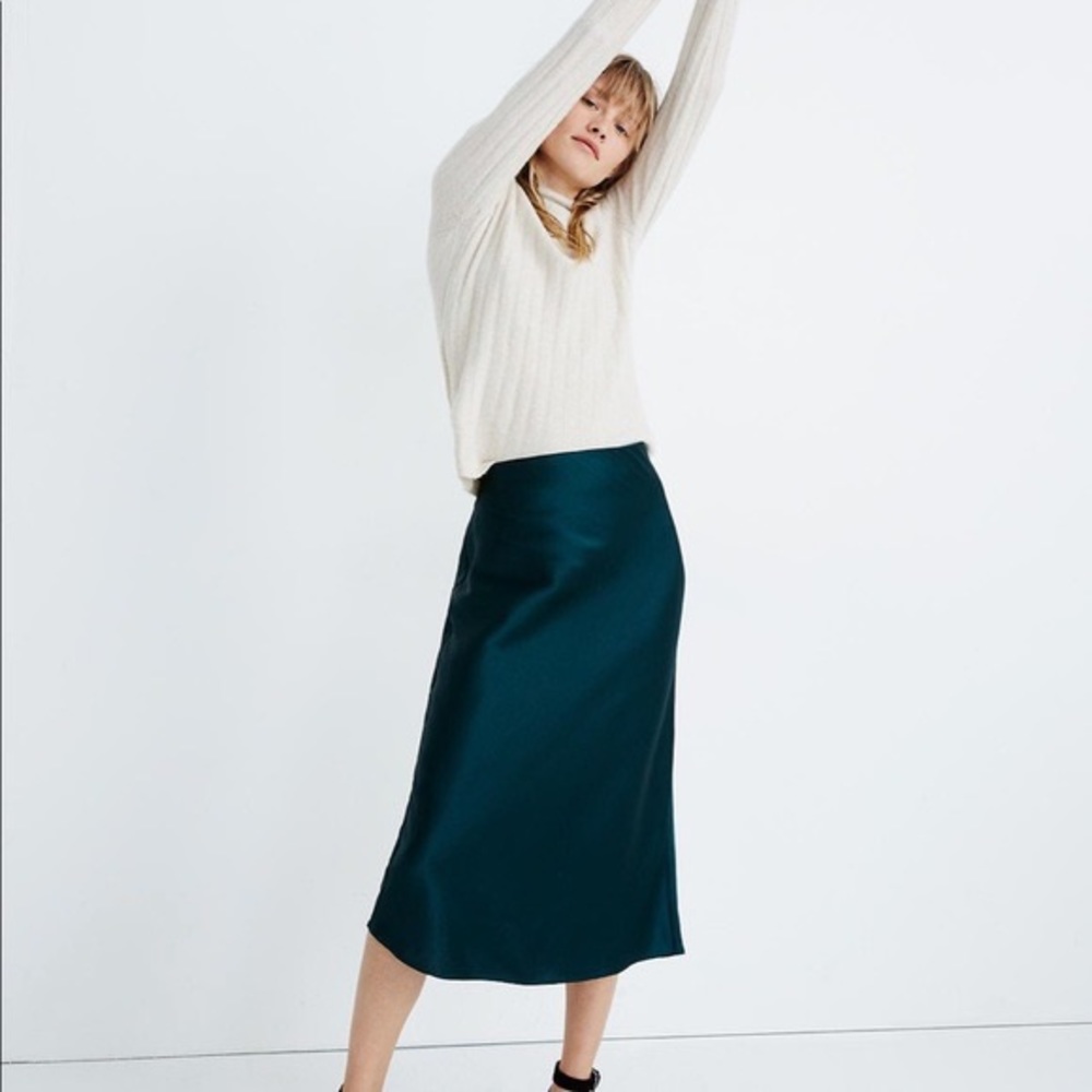 Madewell dark green satin midi slip skirt NWT